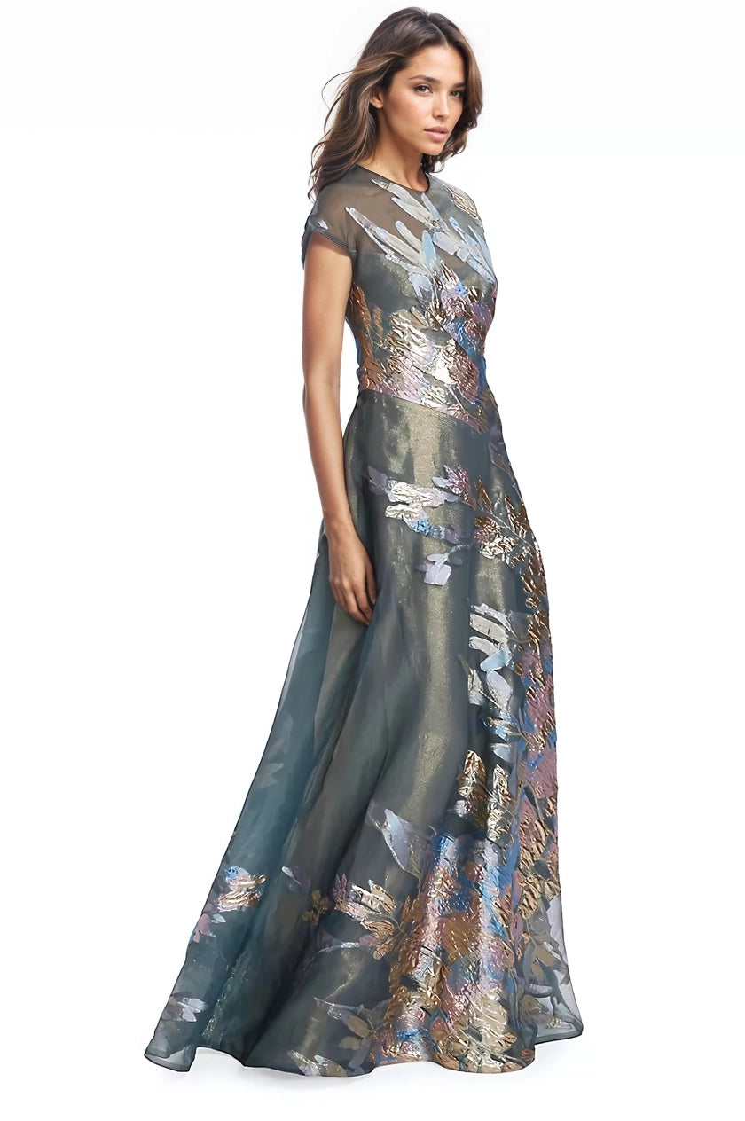 Sophisticated A-Line Round Neck Short Sleeves Classic Back Floor-Length Mother of the Bride Dress