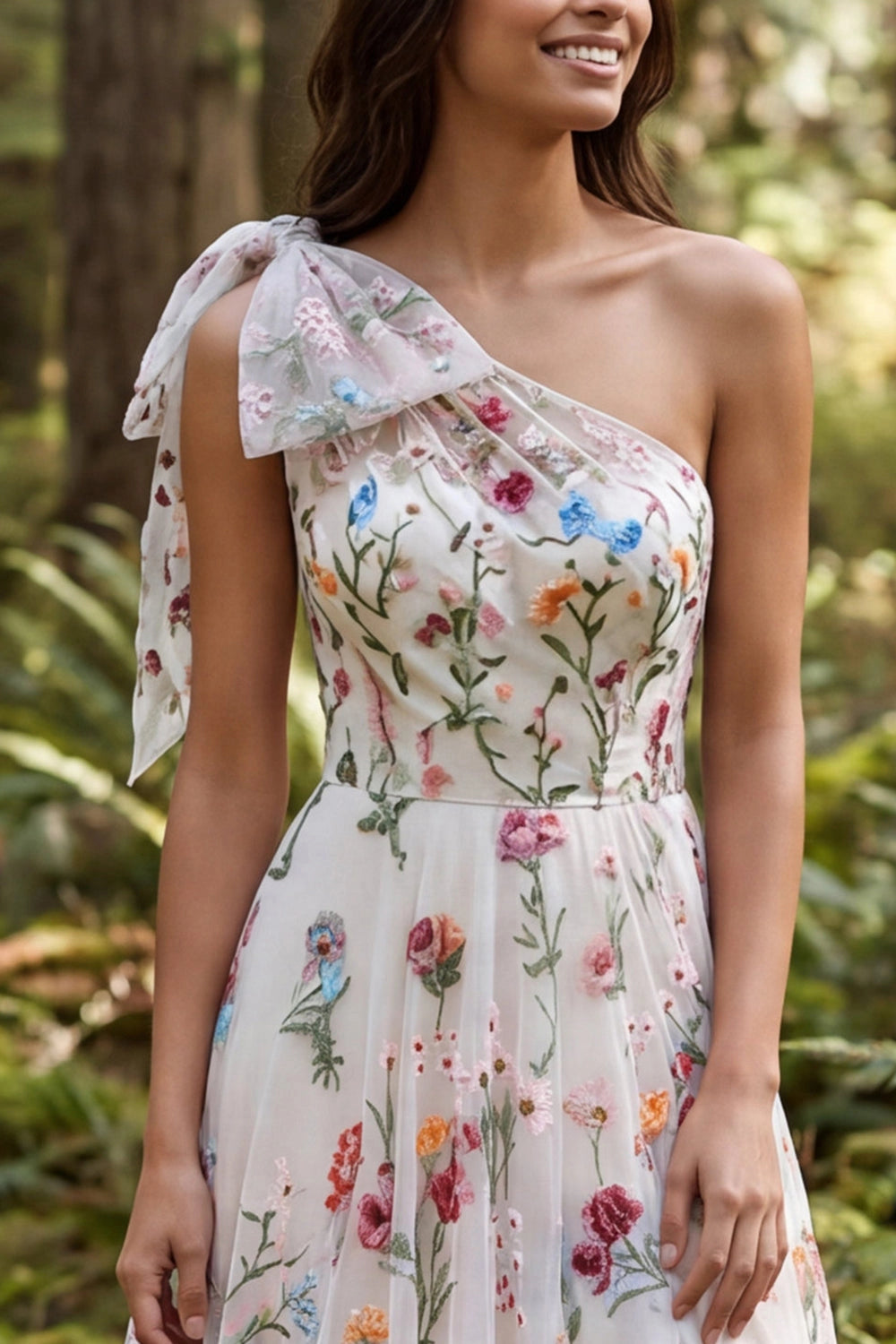 Romantic A-line One Shoulder Bow Sleeve Sheer Back Slit Train Bridesmaid Dress
