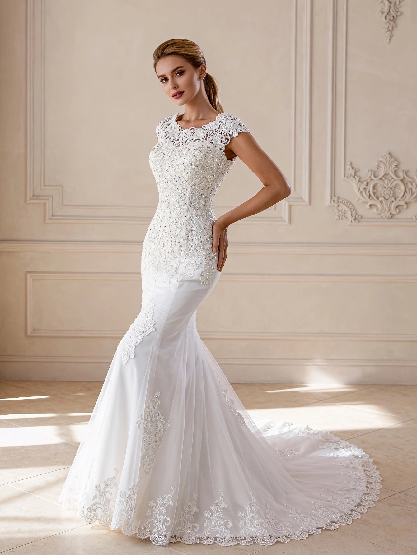 Classic Mermaid Bateau Cap Sleeve Lace Up Back Chapel Train Bridal Wedding Dress