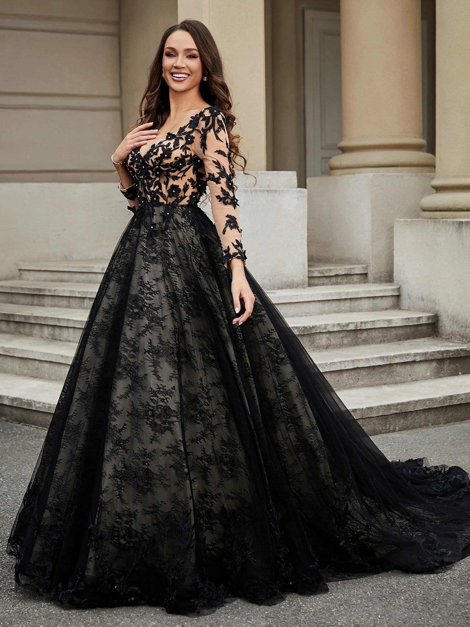 Gothic A-Line Long Sleeve Zip Back Black Lace Wedding Dress With Cathedral Train