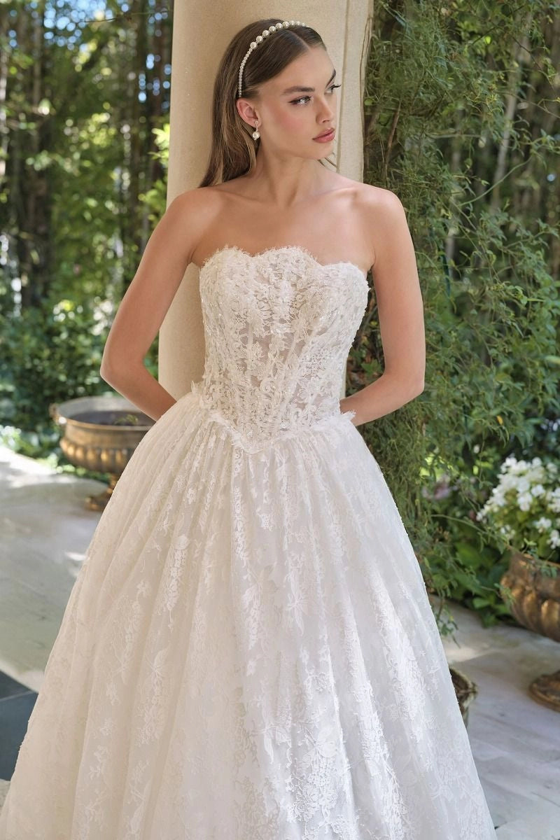 Classic A-Line Strapless Scalloped Neck Corset Lace Up Cathedral Train Wedding Dress