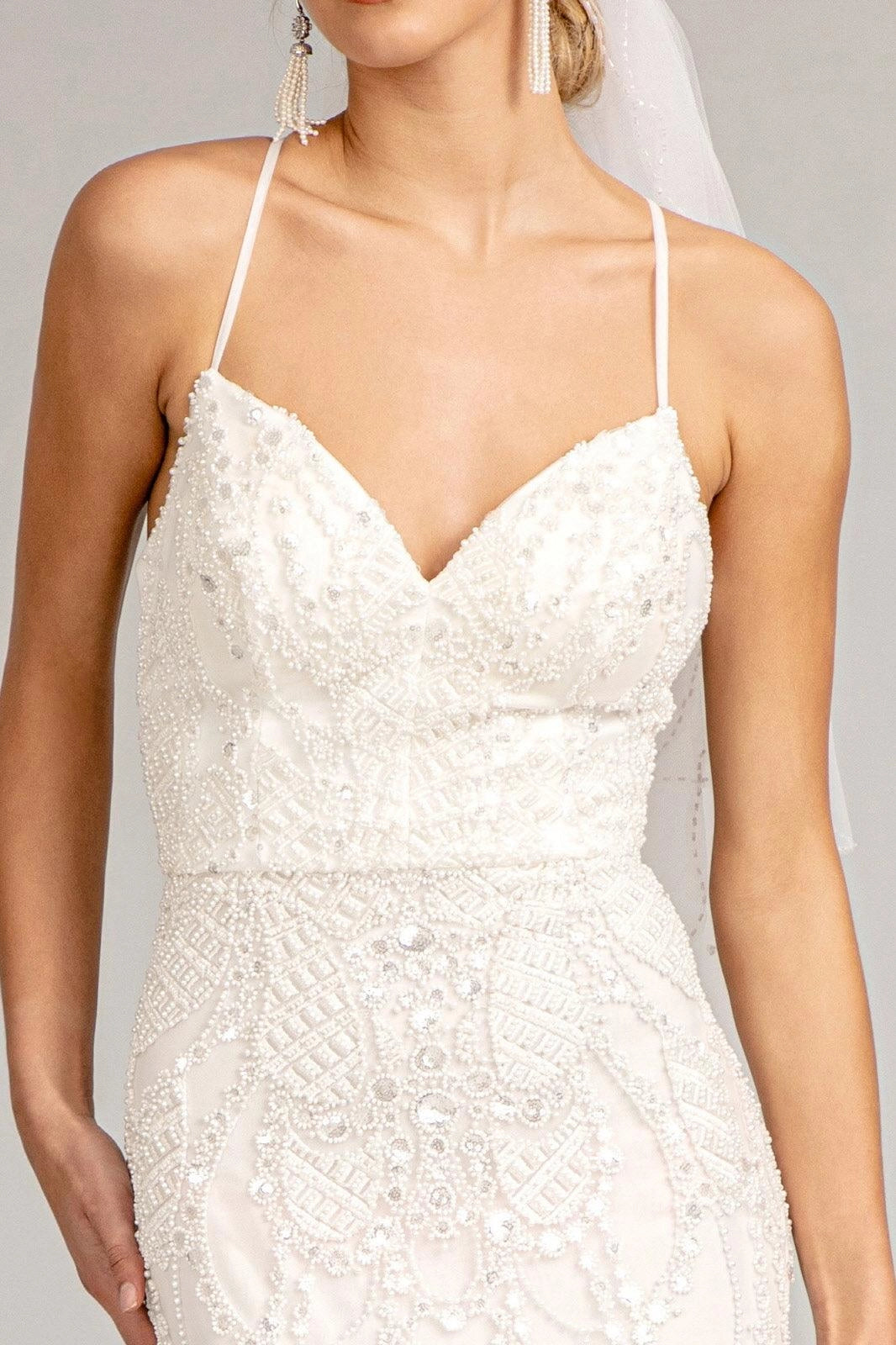 Art Deco Beaded Mermaid Spaghetti Strap V Neck Criss Cross Lace Up Tulle Wedding Dress