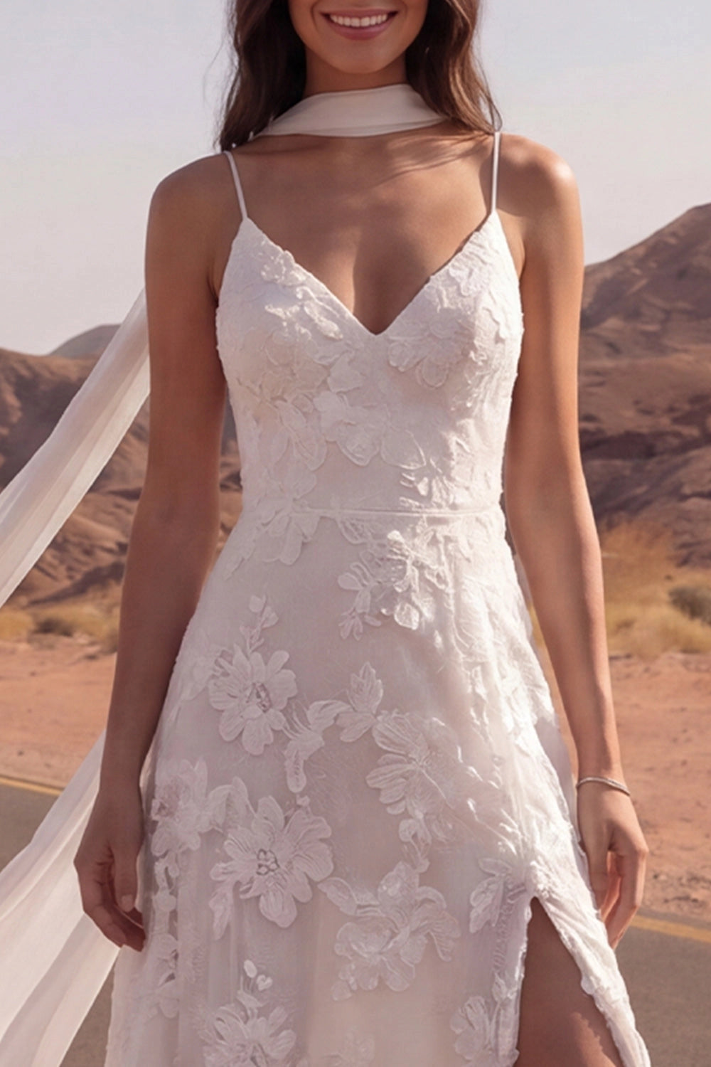 Boho 3D Floral A-Line Spaghetti Strap Deep V Low Back Front Slit Elopement Wedding Dress