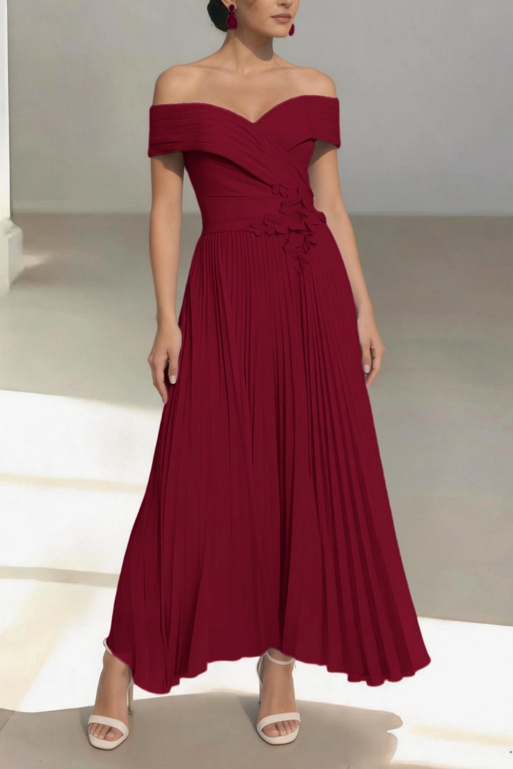 Romantic Pleated A-Line Off Shoulder Short Sleeve Zip Back Midi Mother Of The Bride Dress