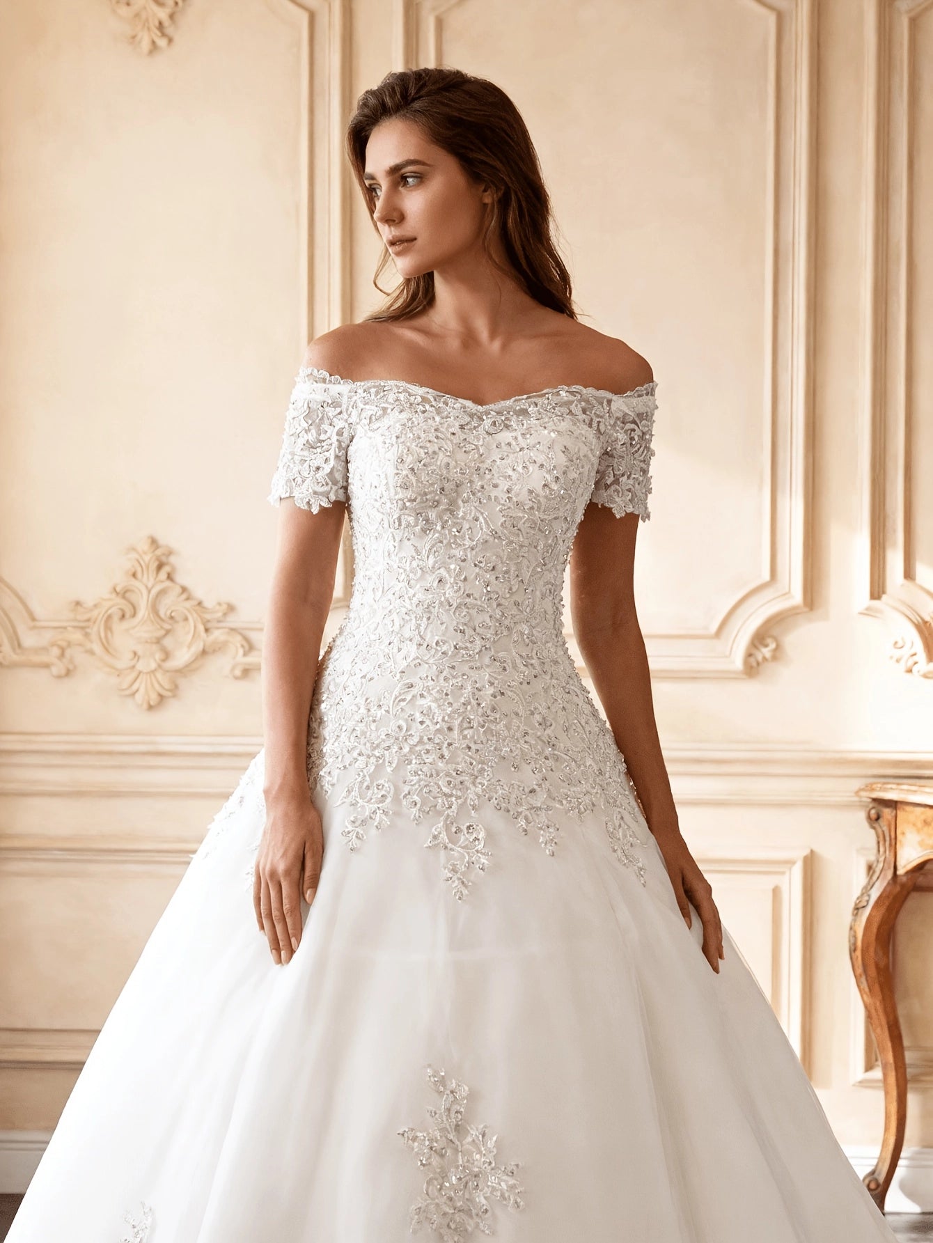 Elegant Ballgown Off Shoulder Short Sleeve Lace Floor Length Wedding Dress