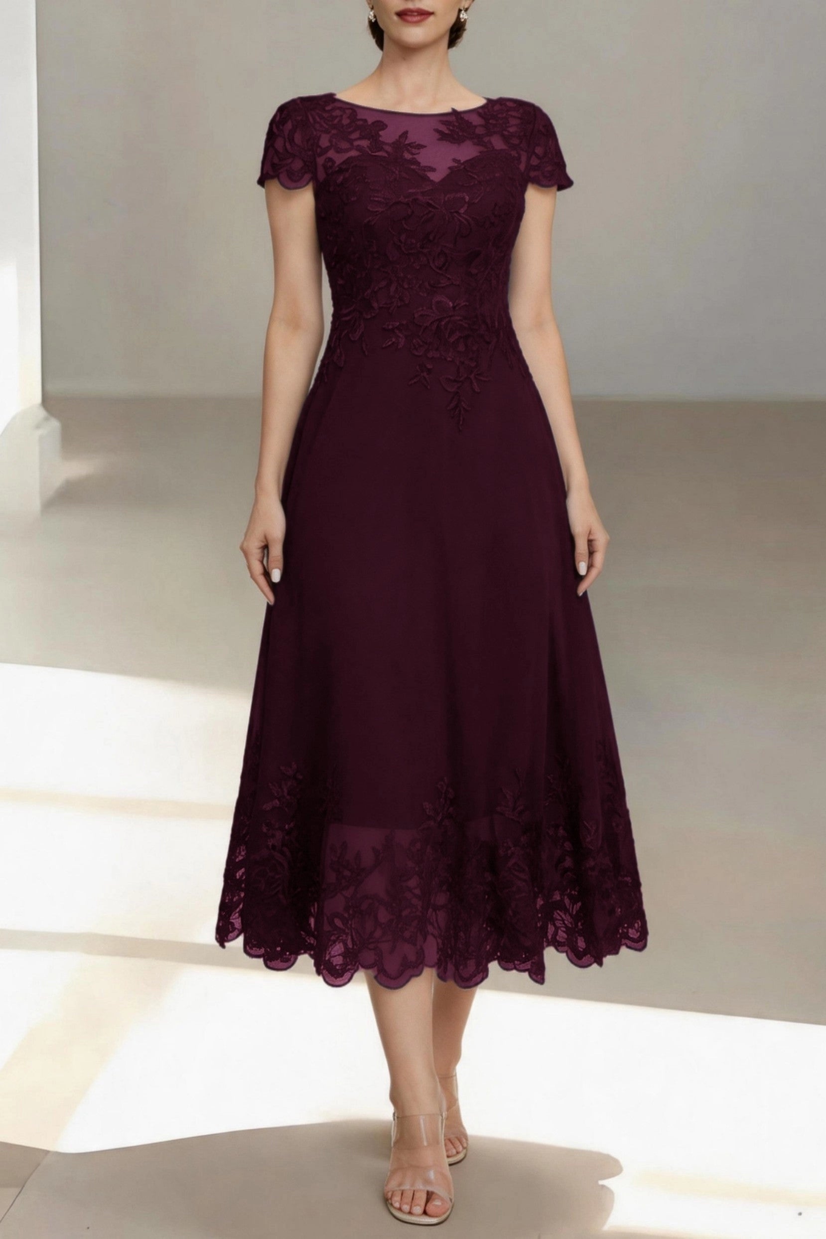 Modest A-Line Bateau Short Sleeve Zip Back Midi Mother Of The Bride Dress