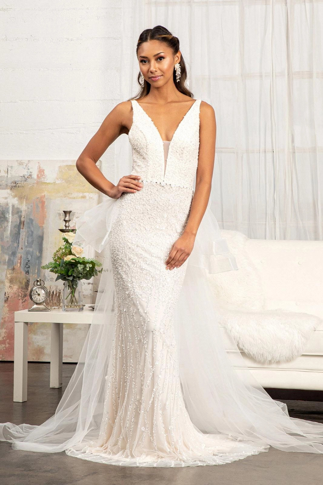 Glam Mermaid V Neck Spaghetti Strap Low Back Detachable Ruffle Tulle Train Wedding Dress