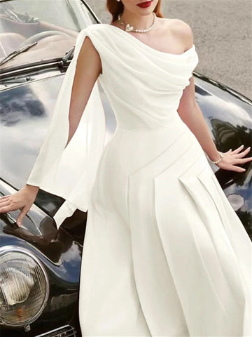 Romantic A‑Line One‑Shoulder Sleeveless Solid‑Back Midi Bridesmaid Dress