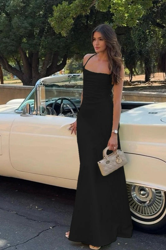 Vedress black floor-length evening dress with cowl neckline spaghetti straps and fitted sheath silhouette front view