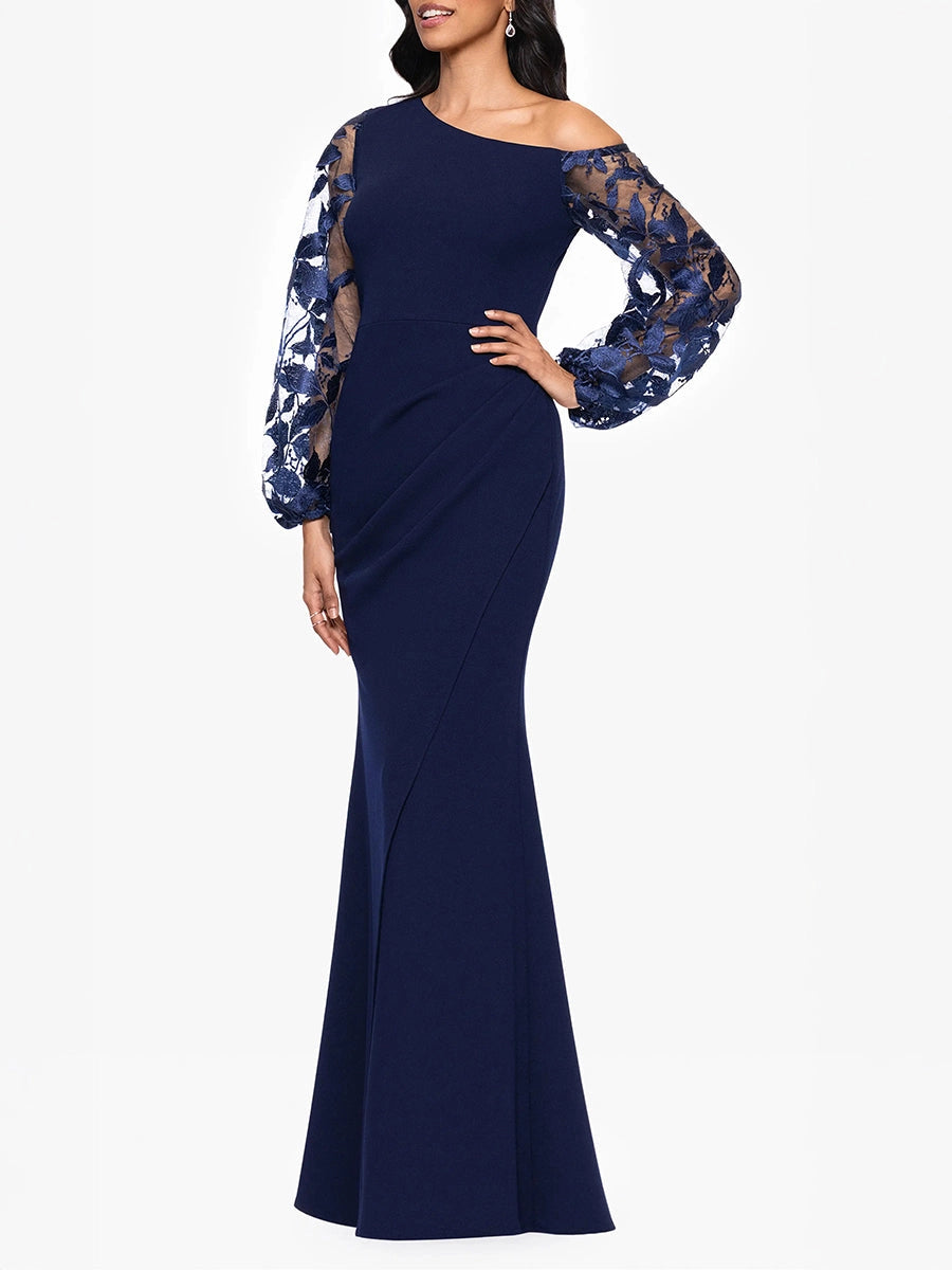 Chic Mermaid One Shoulder Long Lace Sleeve Back Zipper Floor‑Length Mother Of The Bride Dress
