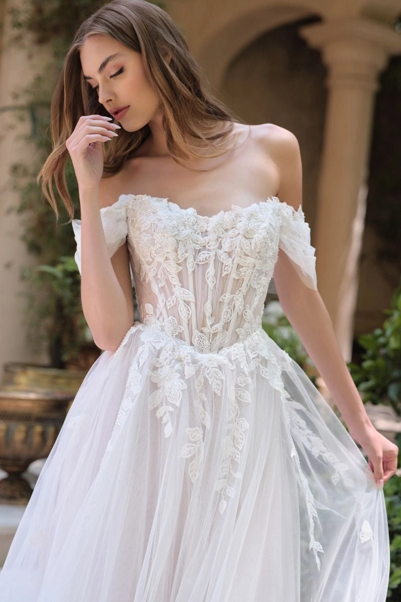 Dreamy A-Line Off Shoulder Short Sleeve V Back Tulle Train Wedding Dress