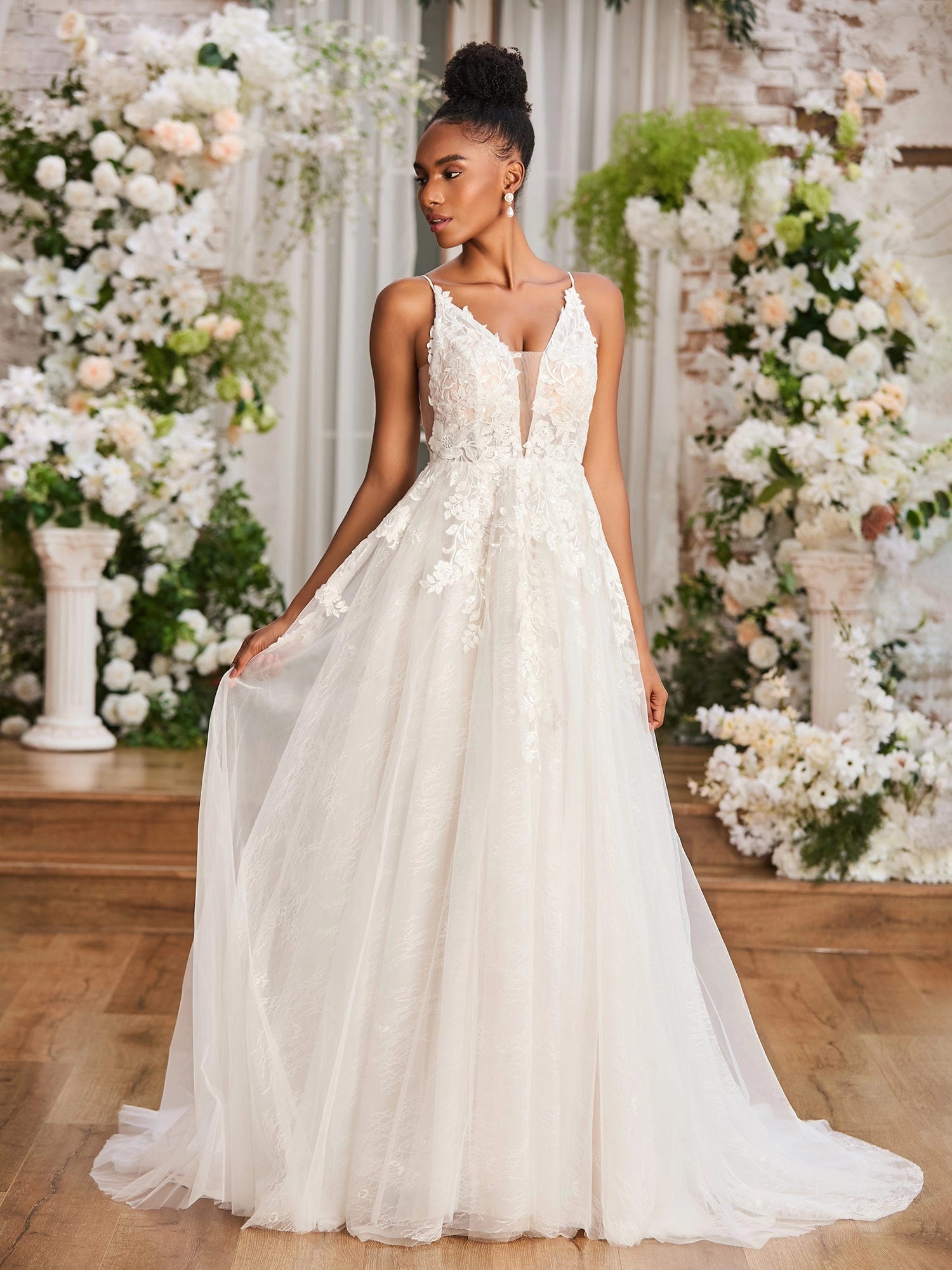 Romantic A-Line Deep V Spaghetti Strap Low Back Train Wedding Dress