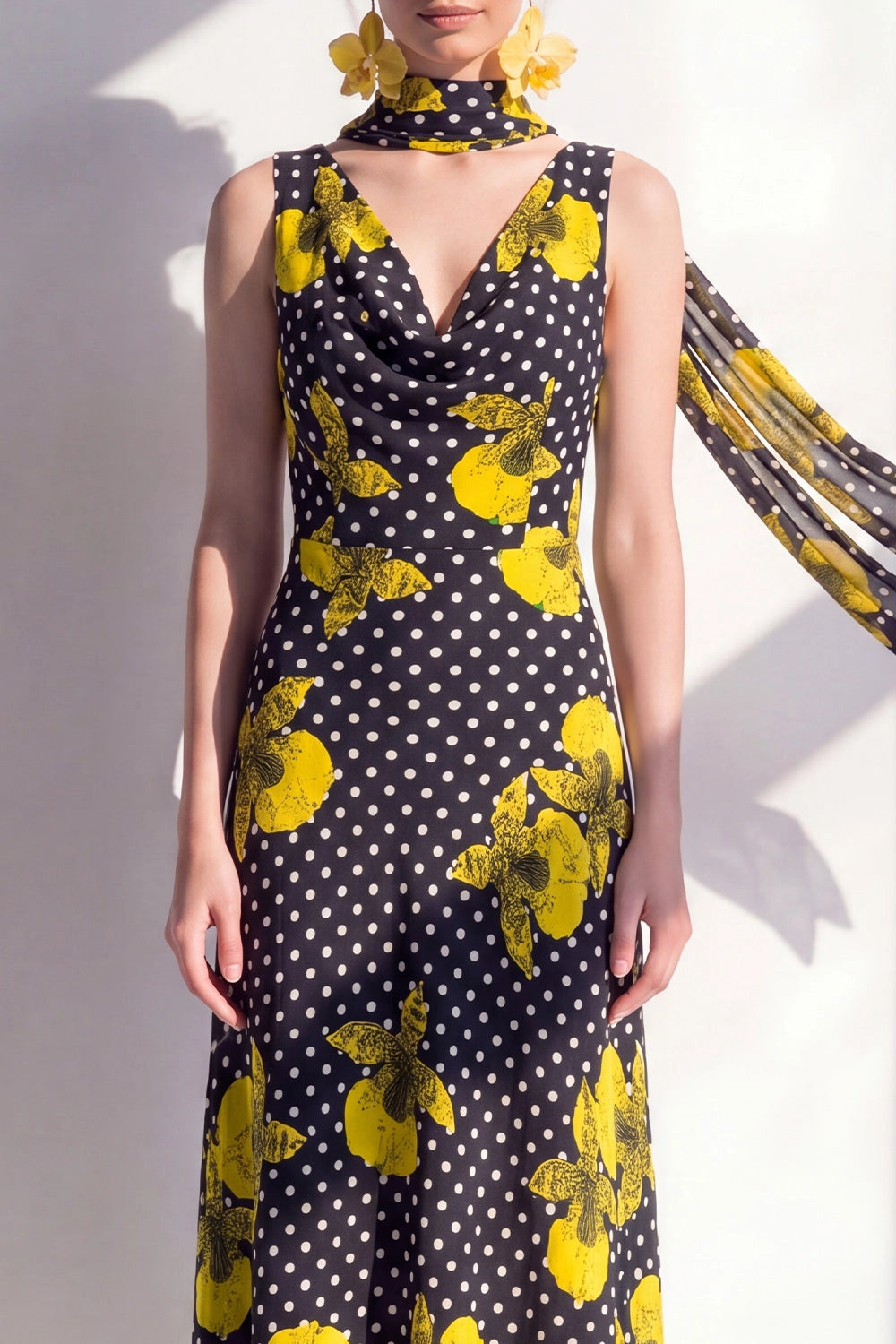 Printed A-line Cowl Sleeveless V Back Midi Wedding Guest Dress