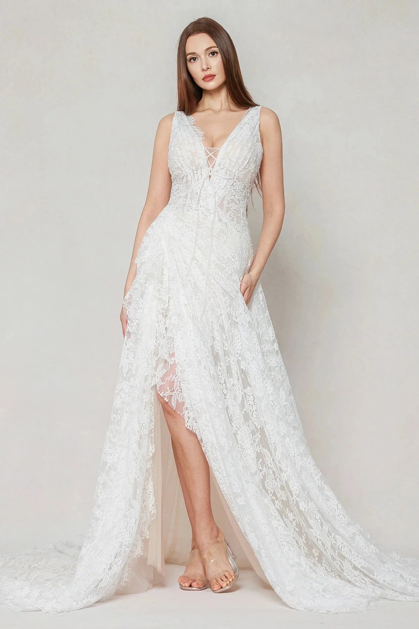 Vedress white lace a line wedding dress sleeveless deep v front tie high slit long train gown for beach elopement garden wedding