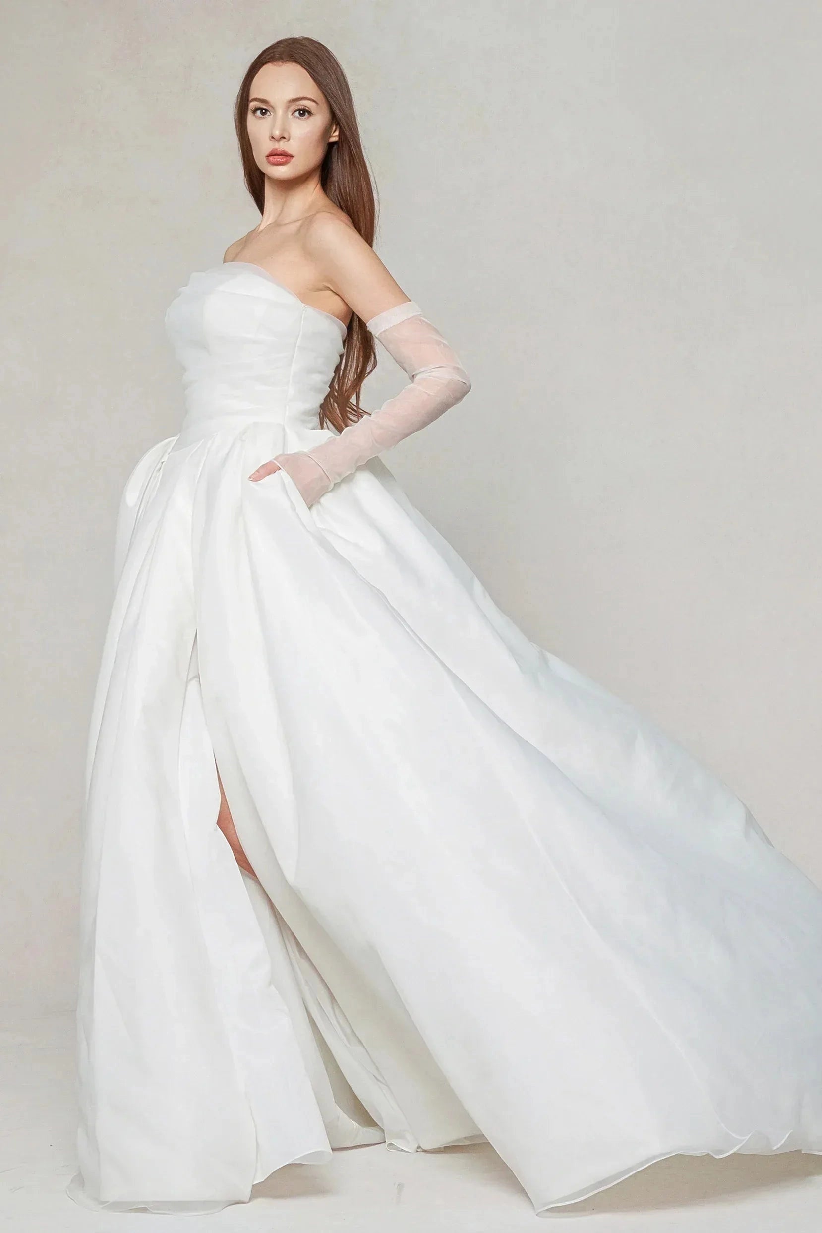 Elegant Ballgown Strapless Detachable Long Sleeve Plain Back Cathedral Train Bridal Wedding Dress