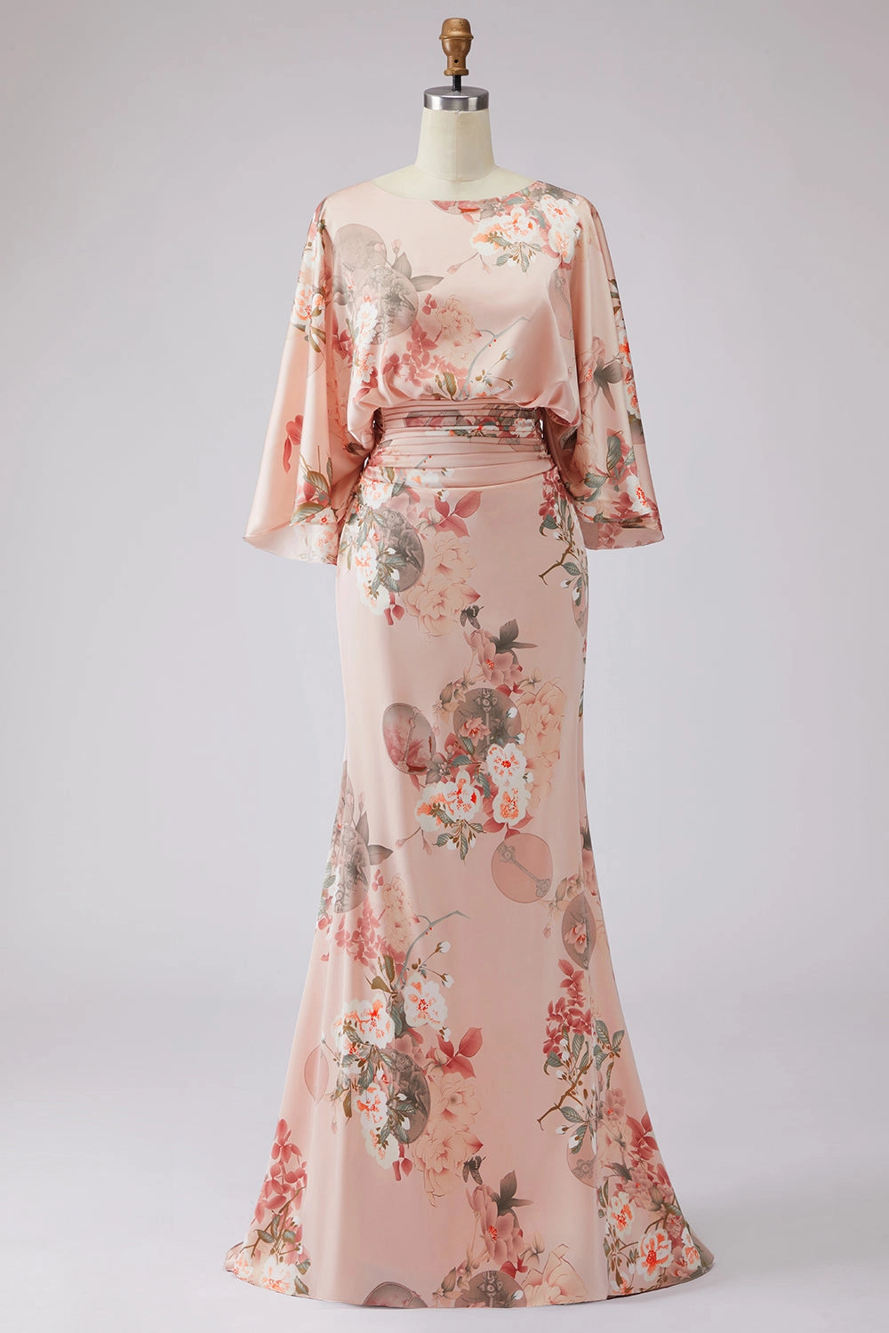 Mermaid Batwing Sleeve Deep V Back Floral Long Wedding Guest Dress