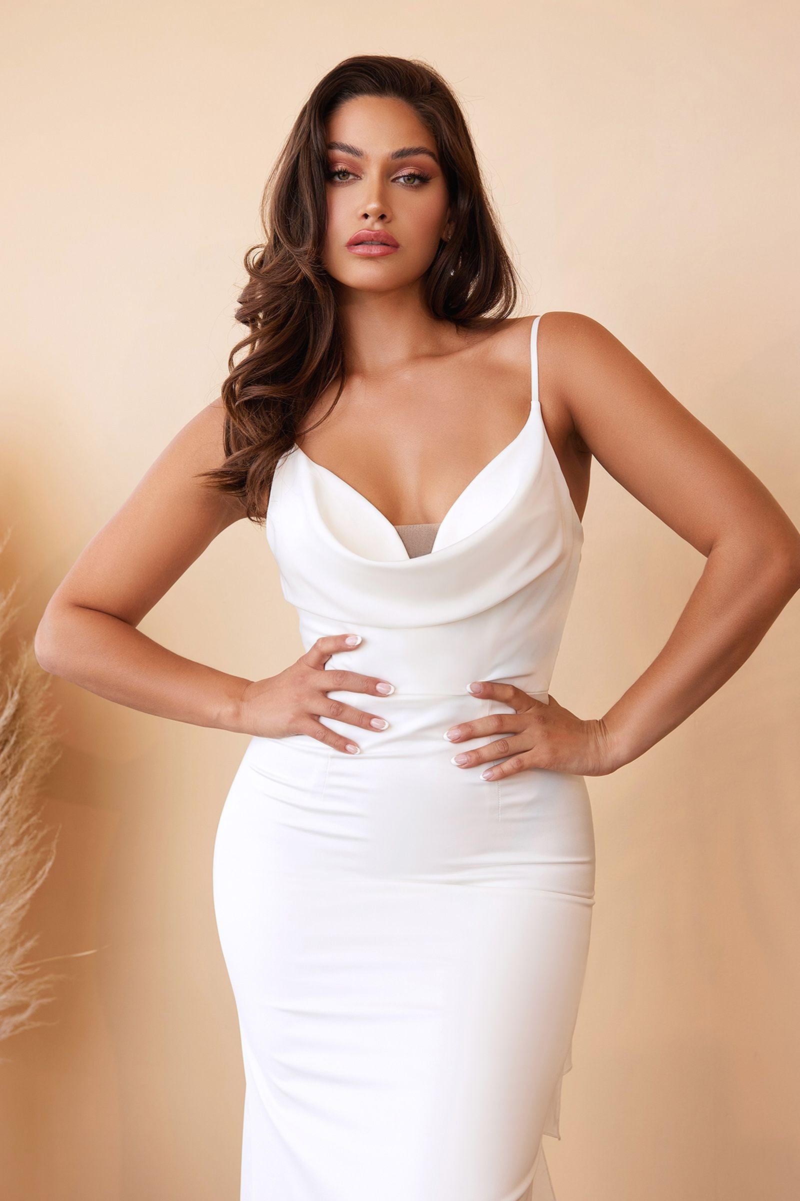 Satin Mermaid Cowl Neck Spaghetti Strap Bow Back Train Wedding Dress