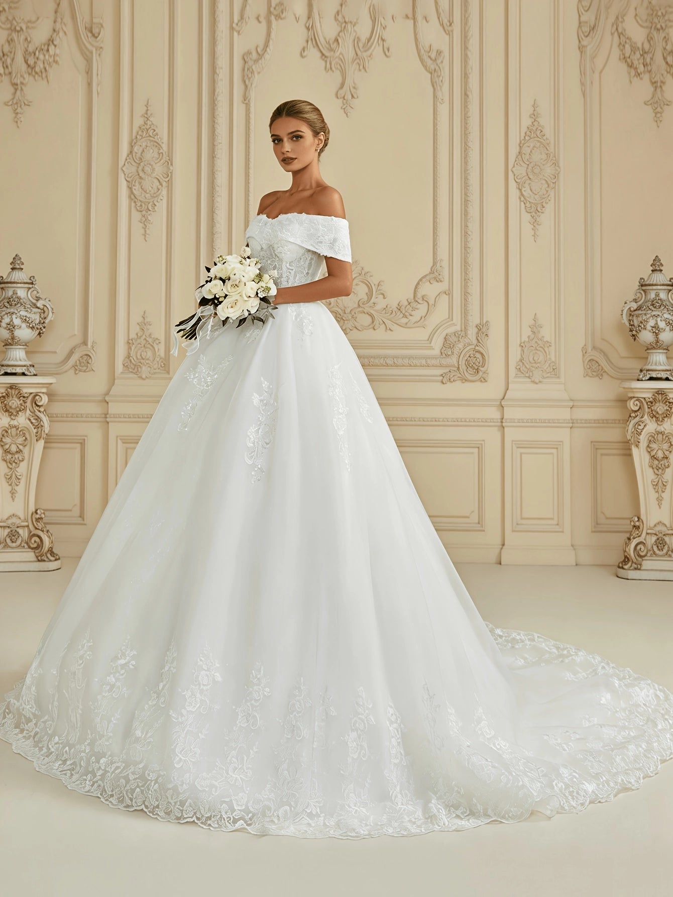 Romantic Ballgown Off Shoulder Short Sleeve Lace Up Back Cathedral Train Bridal Wedding Dress