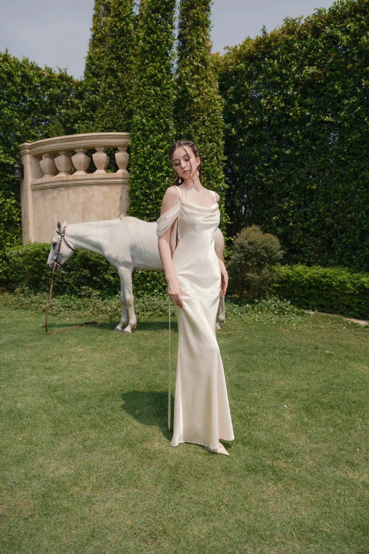 Gorgeous Mermaid Cowl Off‑Shoulder Draped‑Back Floor‑Length Wedding Dress