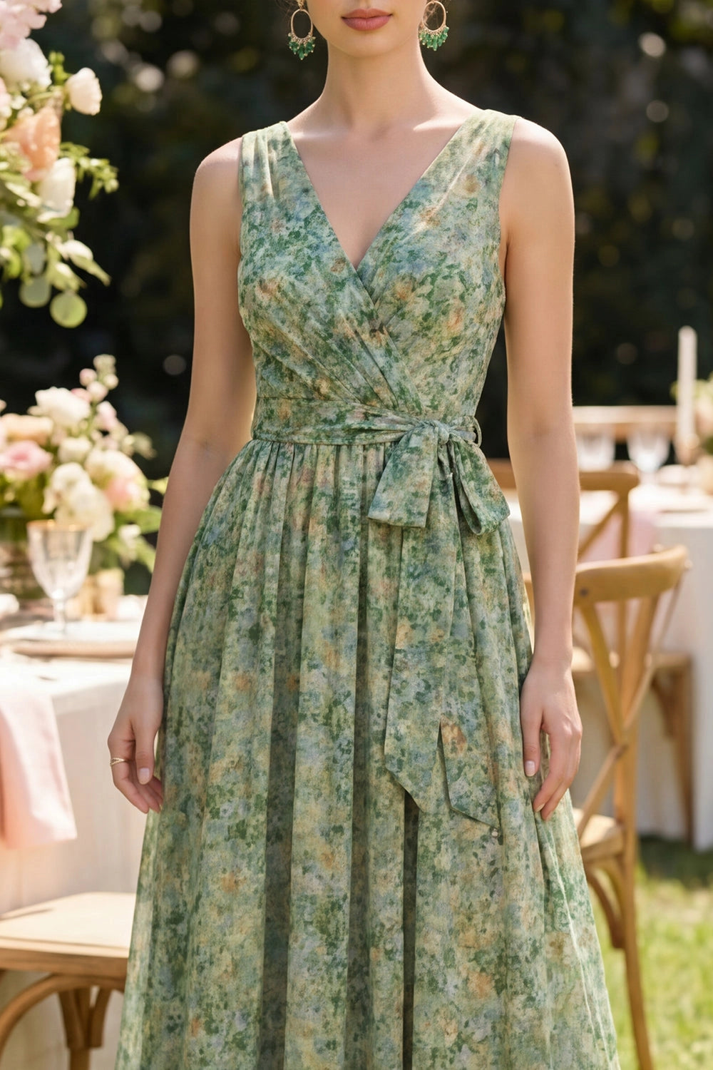 Green Watercolor Floral Chiffon Sleeveless V Neck Wrap Midi Wedding Guest Dress