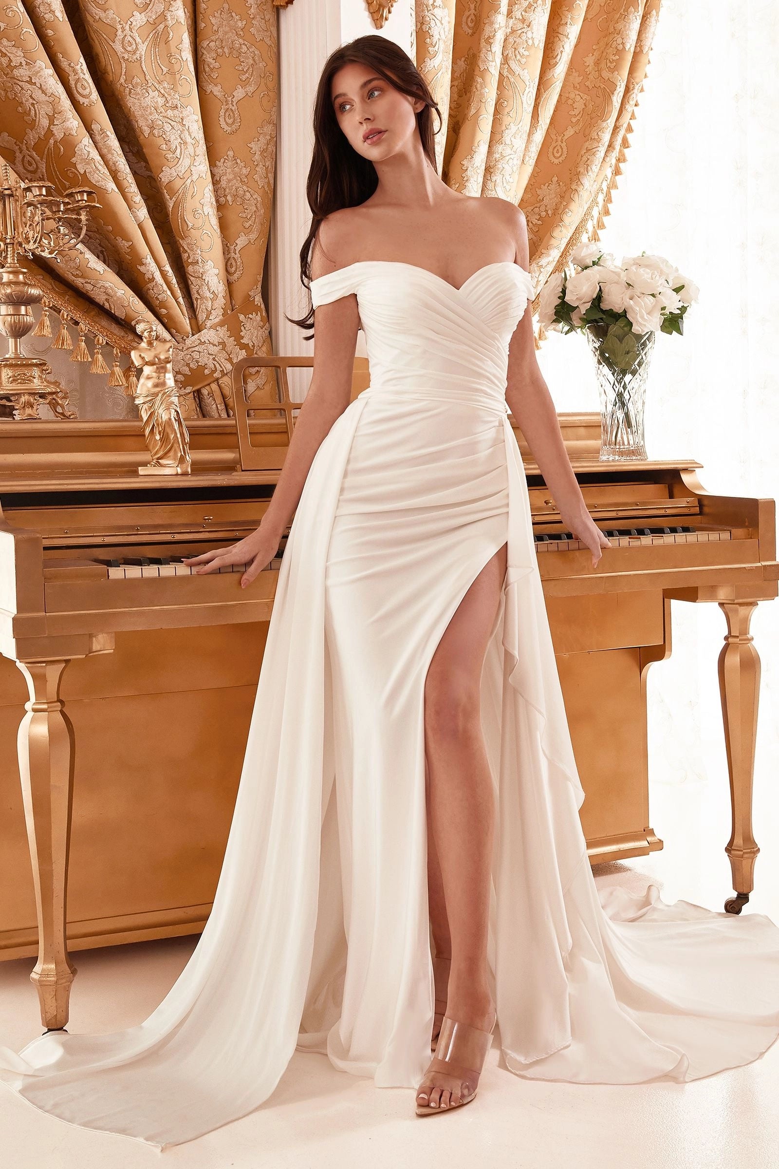 Minimalist Ruched Mermaid Off Shoulder V Back High Slit Draped Satin Wedding Dress