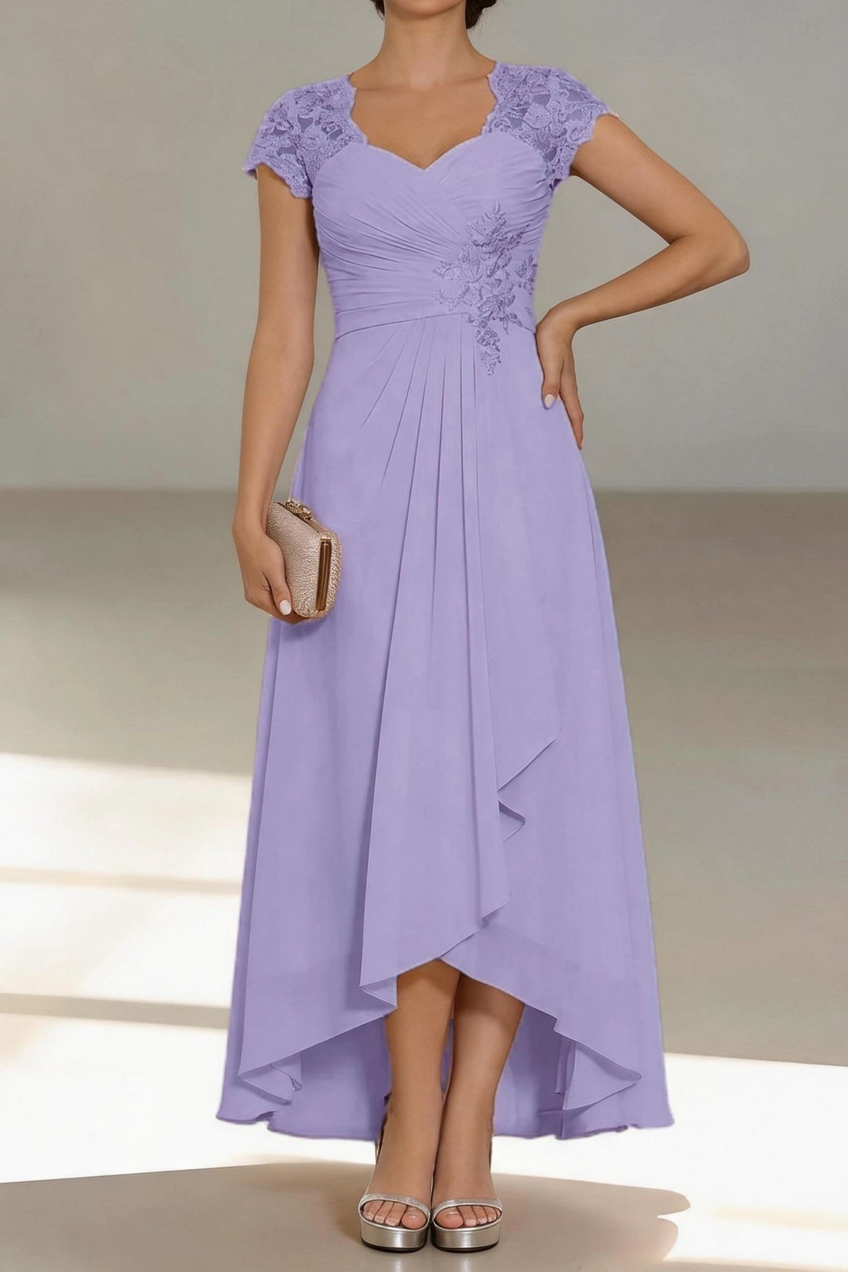 Romantic A-Line Sweetheart Cap Sleeve Zip Back High Low Mother Of The Bride Dress