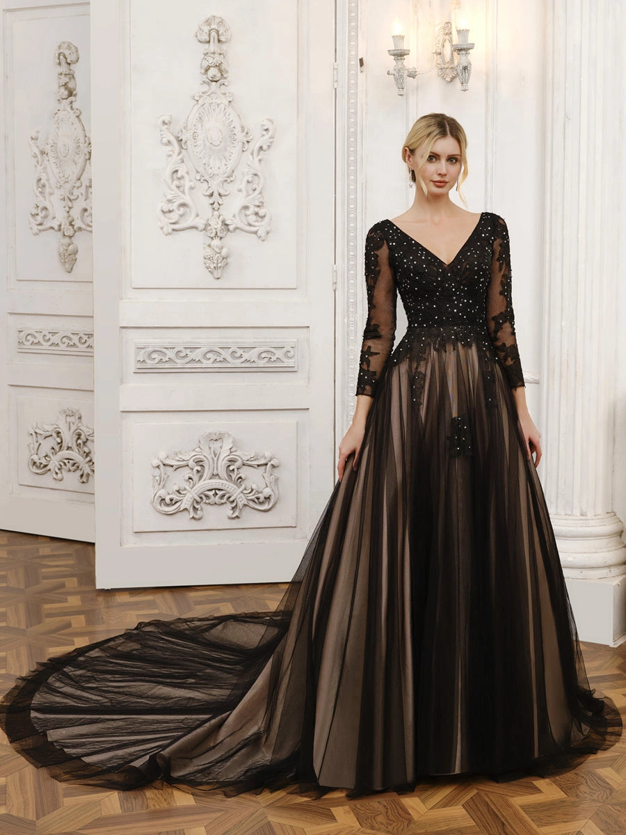 Elegant A Line V Neck Long Sleeve Lace Up Cathedral Train Wedding Dress