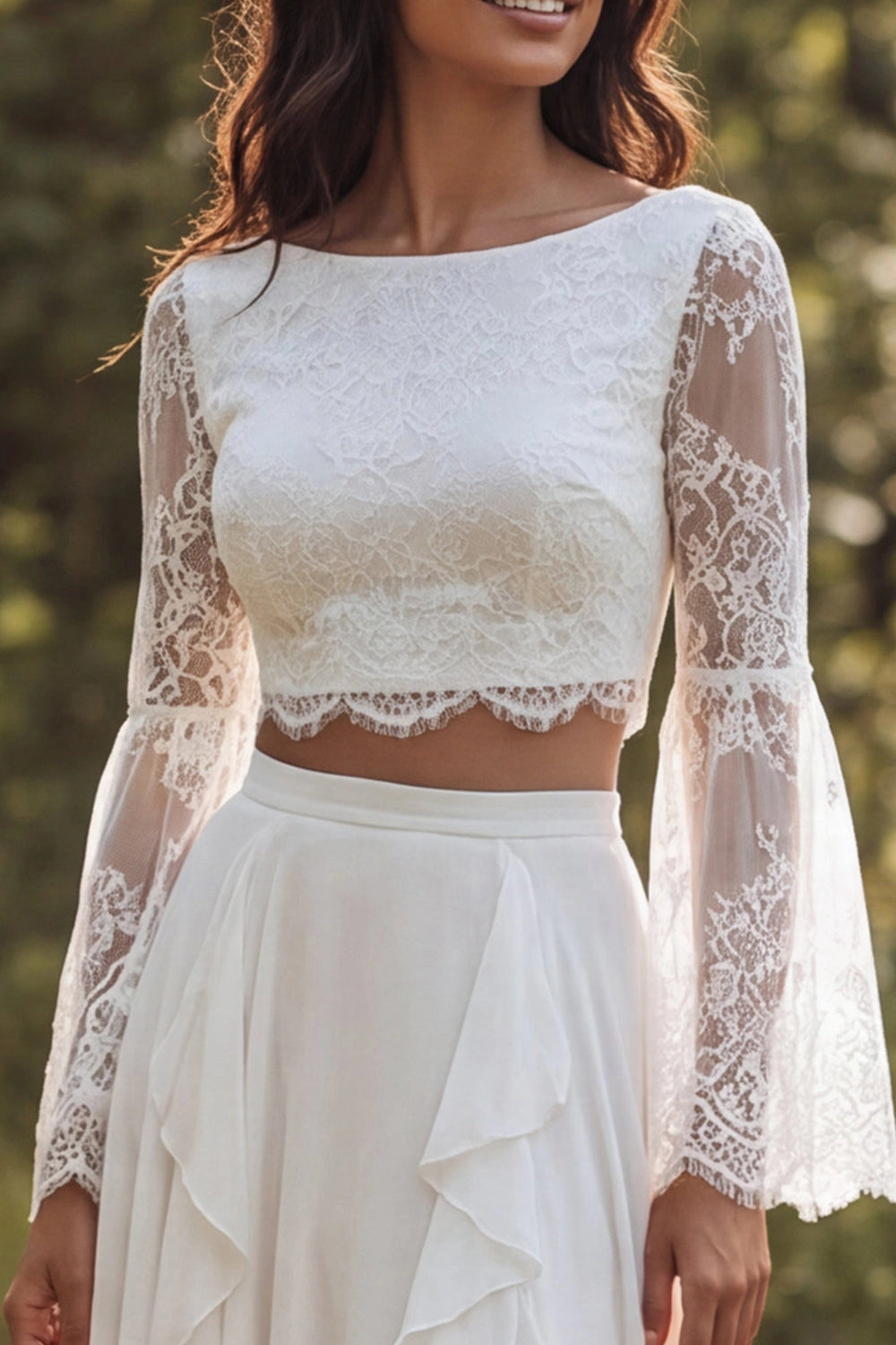Boho A-line Bateau Bell Sleeve Zip Back Slit Train Wedding Dress