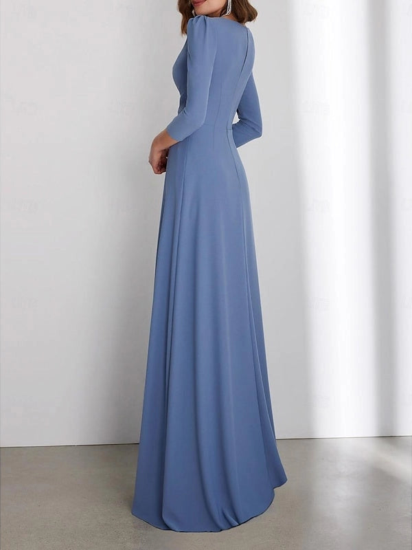 Back view Vedress formal crepe gown,smooth closed back with invisible zipper,flowing floor‑length skirt