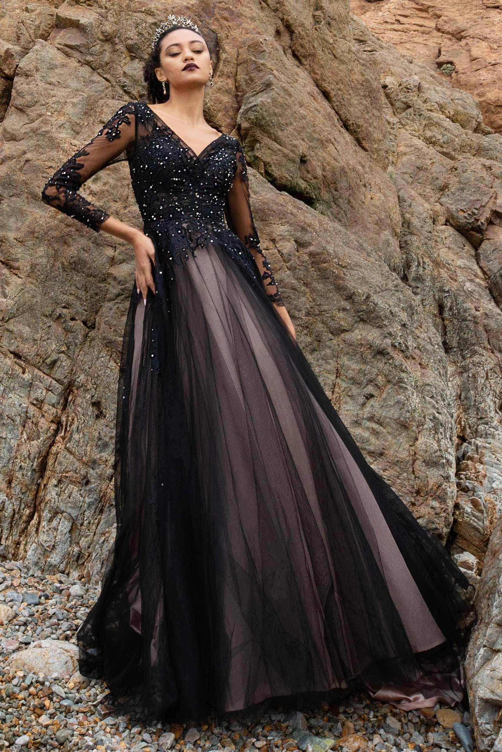 Luxury Gothic A-Line V-Neck Long Sleeve Lace Up Corset Back Chapel Train Black Wedding Dress