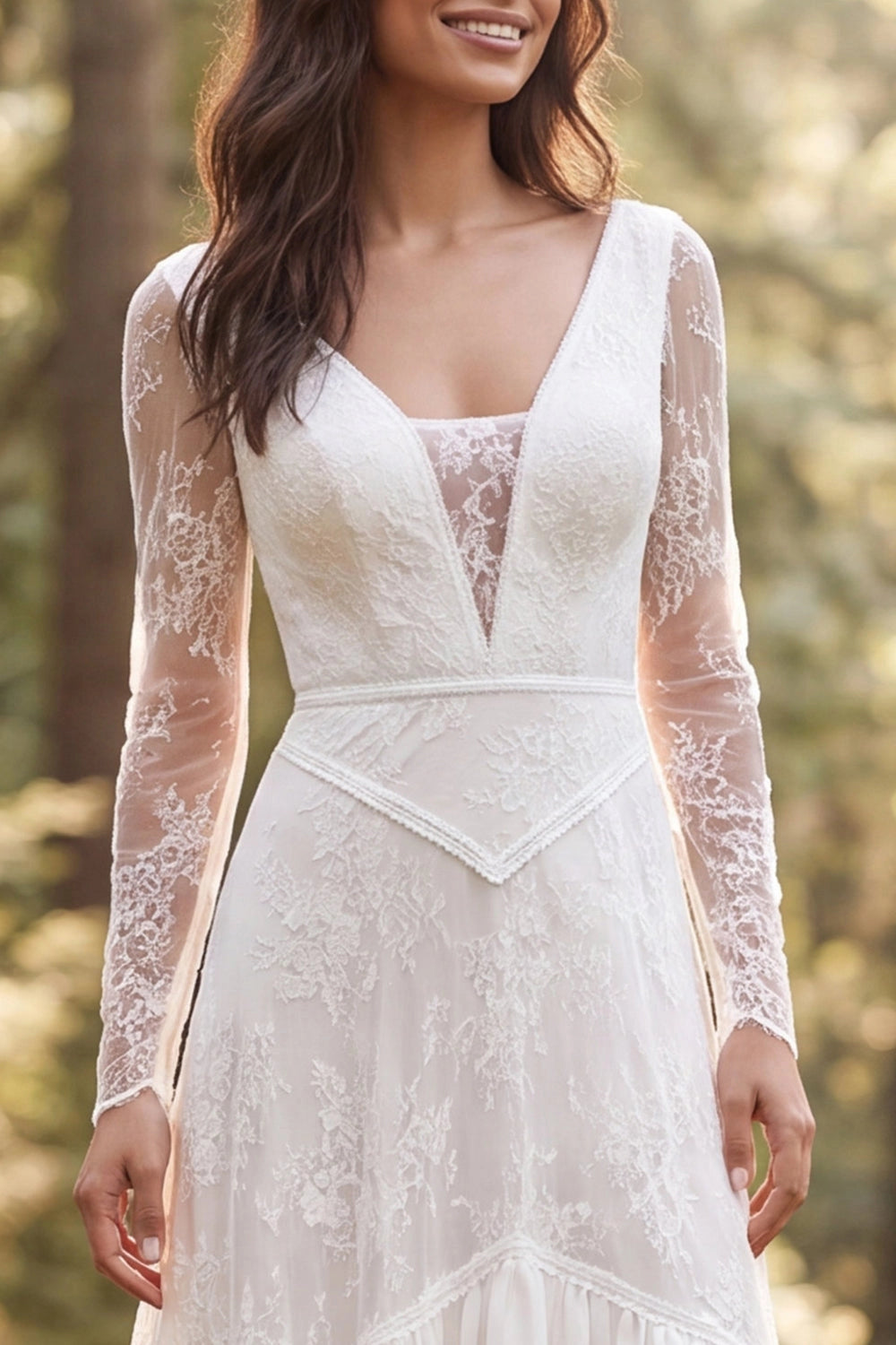 Boho A-line Deep V Long Sleeve V Back Ruffle Slit Train Wedding Dress