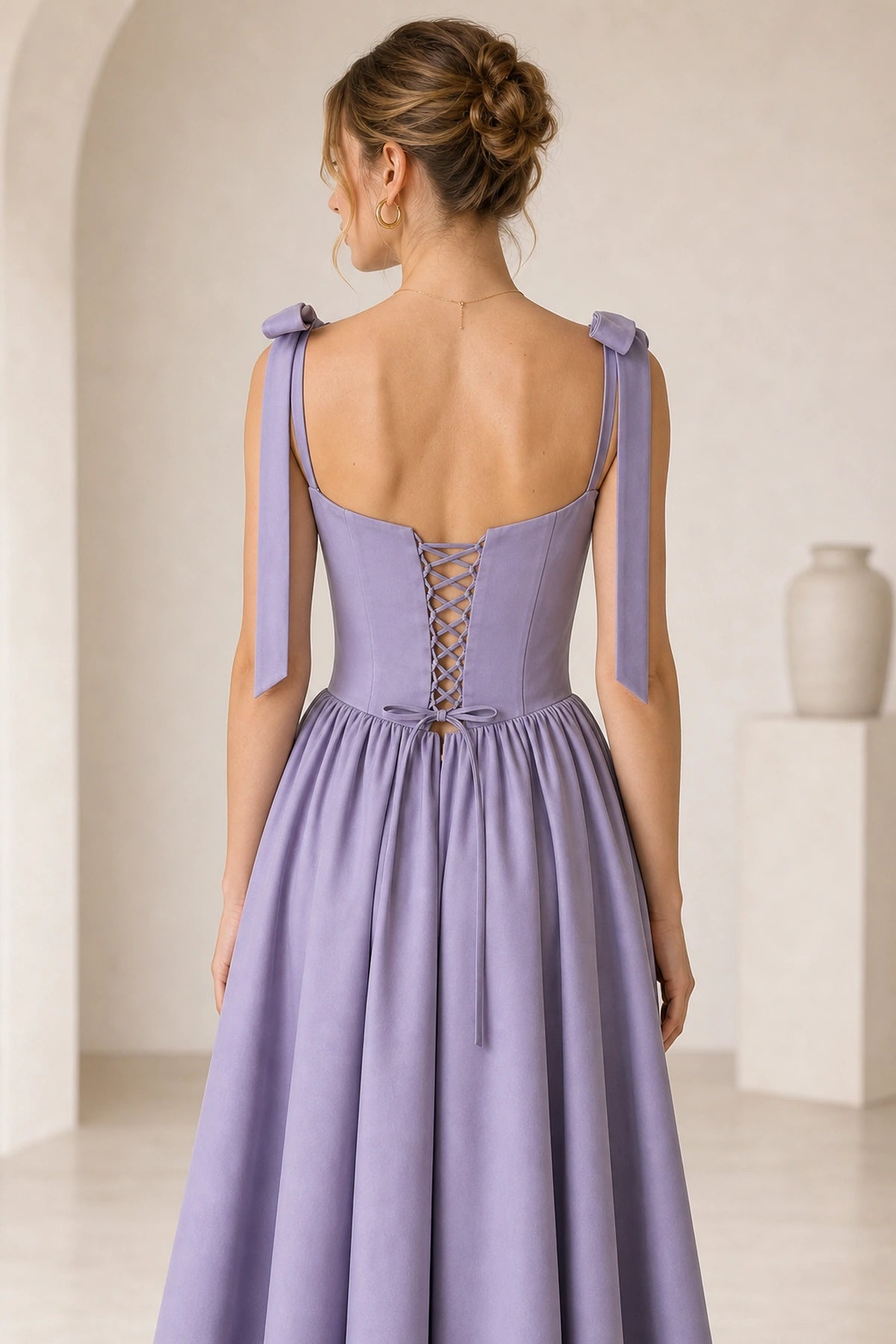 Lavender A-line Sweetheart Bow Strap Lace-up Back Midi Homecoming Dress