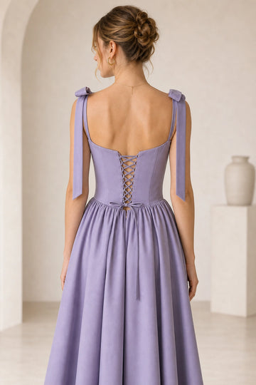Lavender A-line Sweetheart Bow Strap Lace-up Back Midi Homecoming Dress