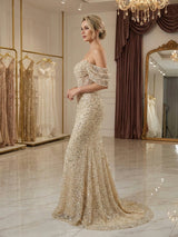 Champagne Off Shoulder Spaghetti Strap Sequin Mermaid Long Prom Dress With Train