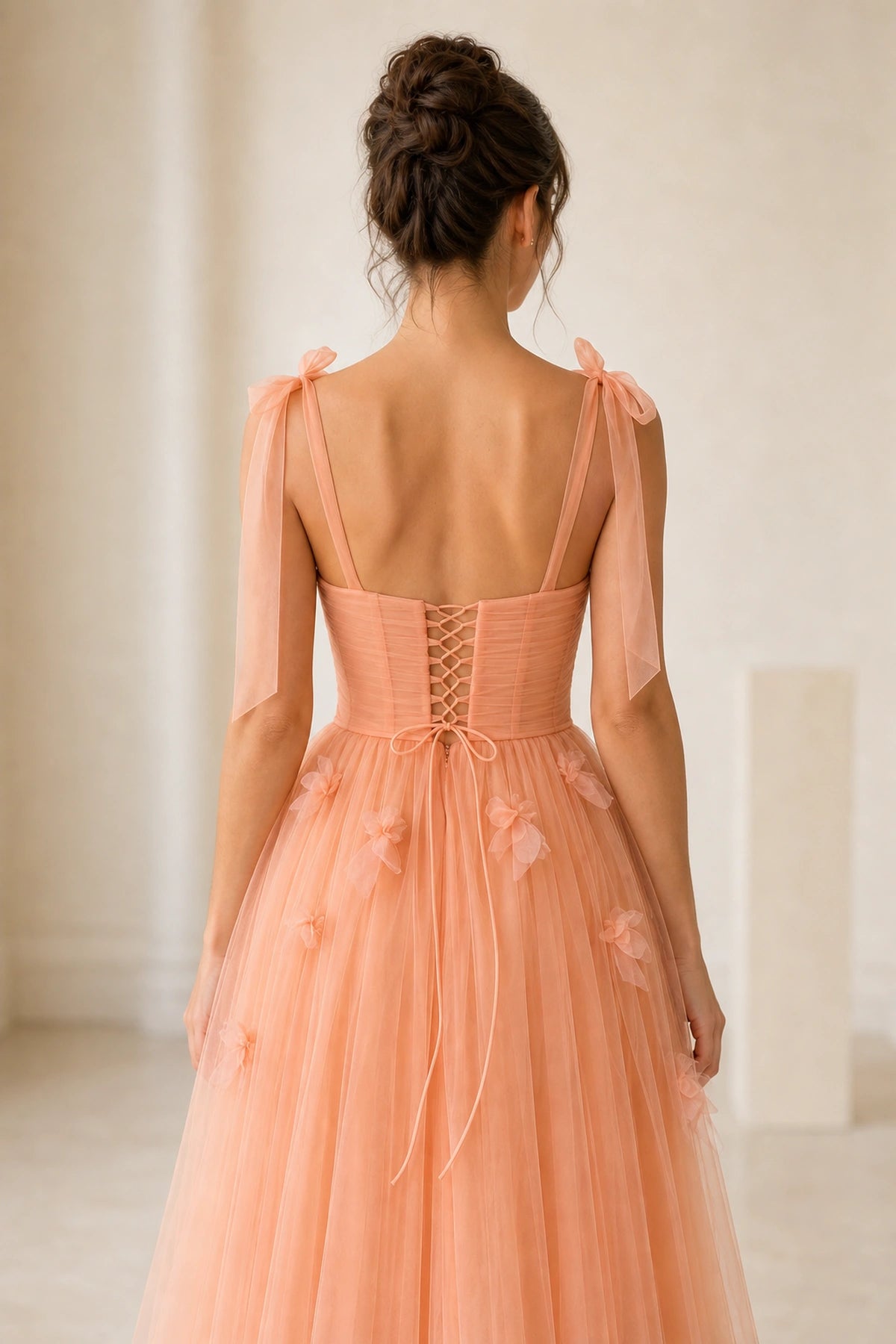 Peach A-line Spaghetti Strap Sleeveless Lace-up Back Midi Prom Dress