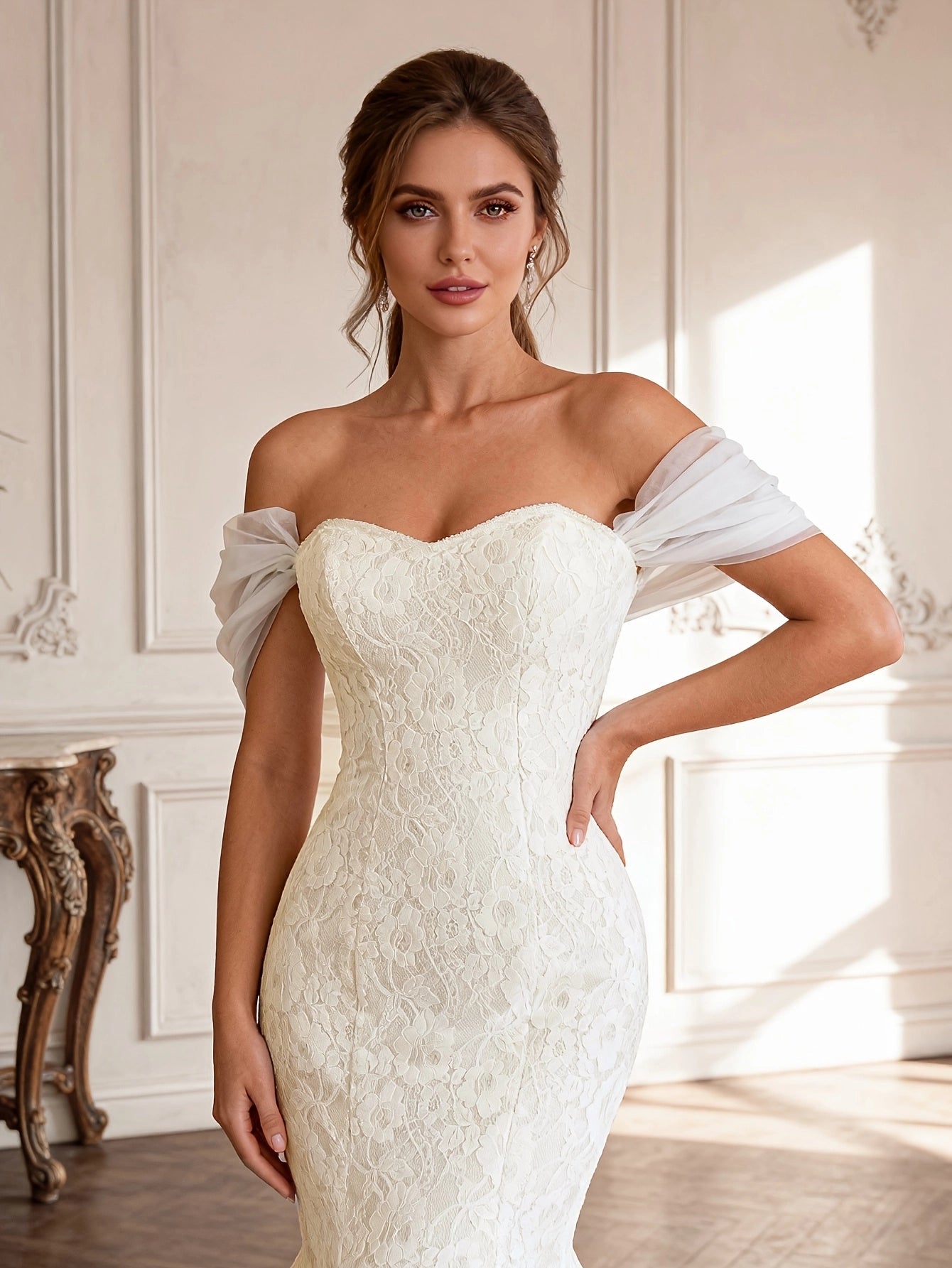 Luxury Mermaid Sweetheart Off Shoulder Lace Up Back Cathedral Train Bridal Wedding Dress