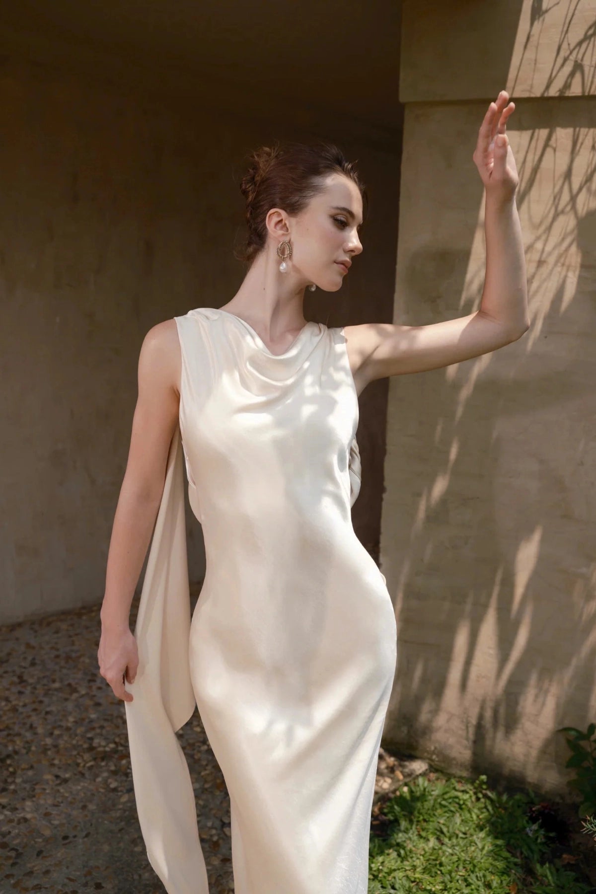 Elegant Mermaid Cowl Sleeveless Cross‑Draped‑Back Floor‑Length Wedding Dress