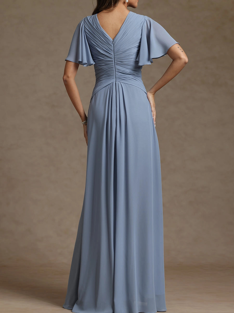 Vedress Long Chiffon Gown V‑Back Ruched Flutter Sleeve Formal Dress Back View