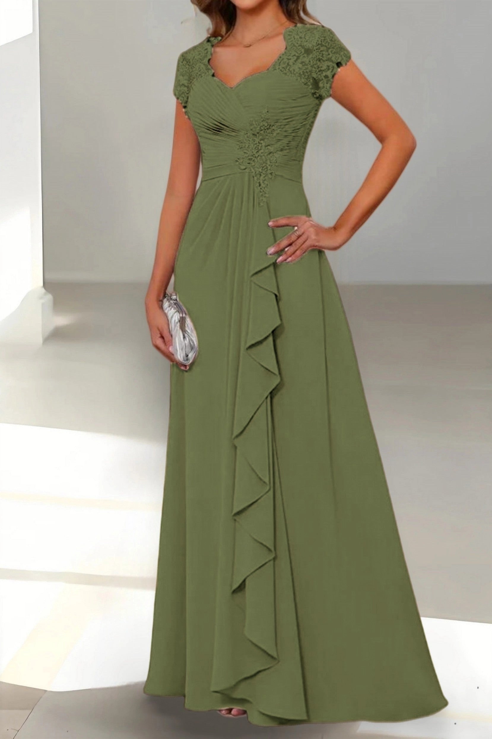 Elegant A-Line Sweetheart Cap Sleeve Zip Back Floor Length Mother Of The Bride Dress