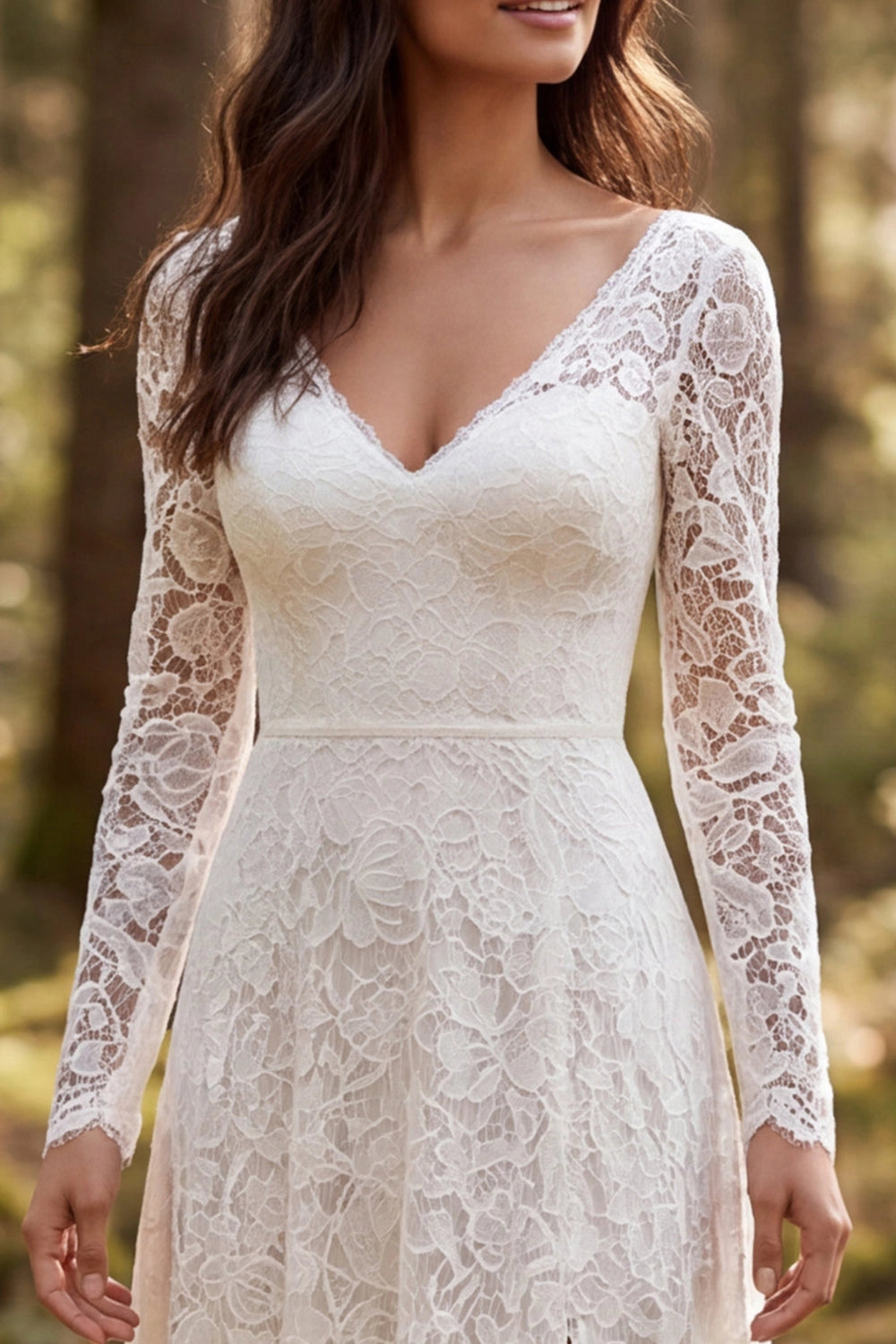 Boho A-line Deep V Long Sleeve V Back Slit Train Wedding Dress