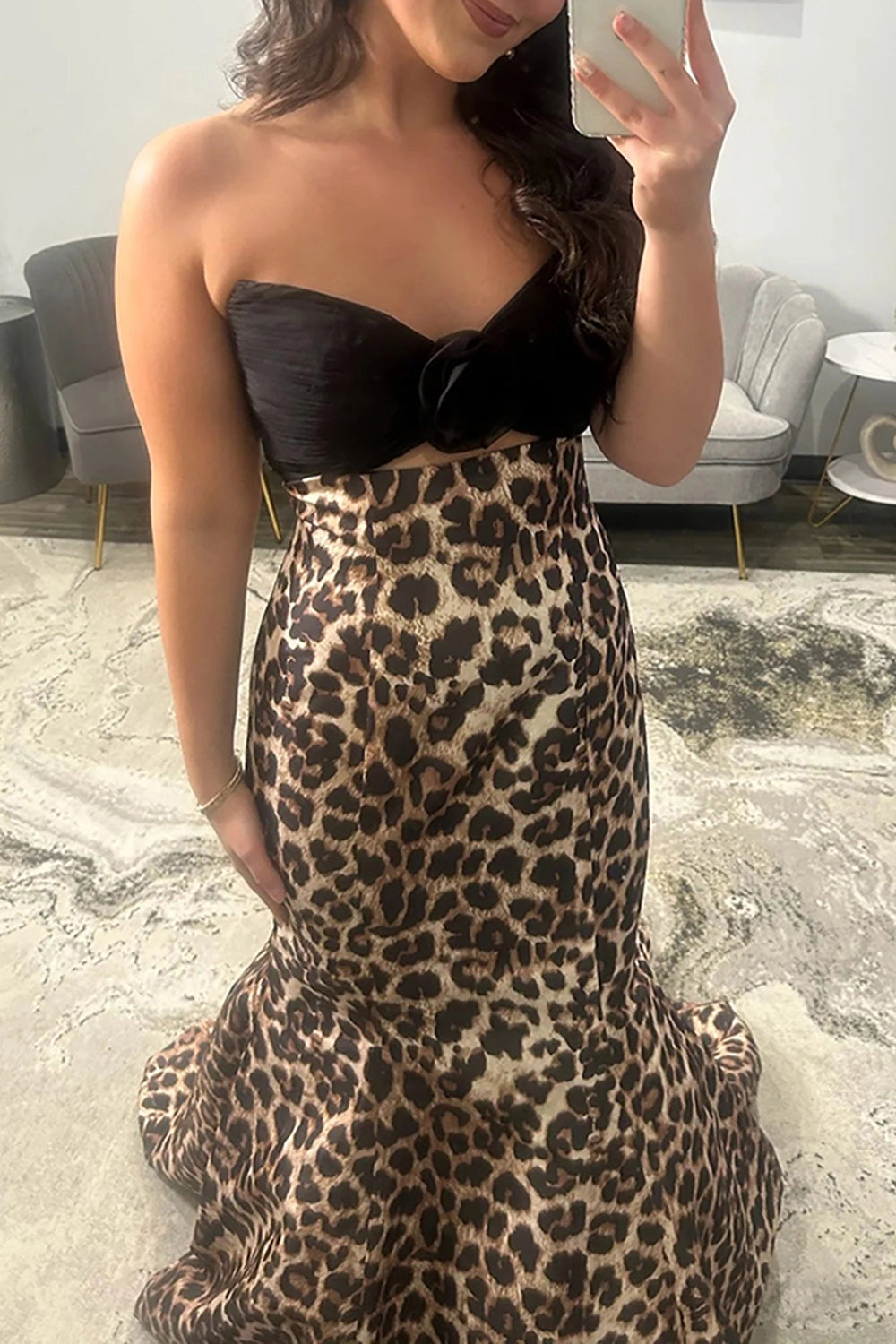 Chic Leopard Mermaid Strapless Sleeveless Plain‑Back Train Prom Dress