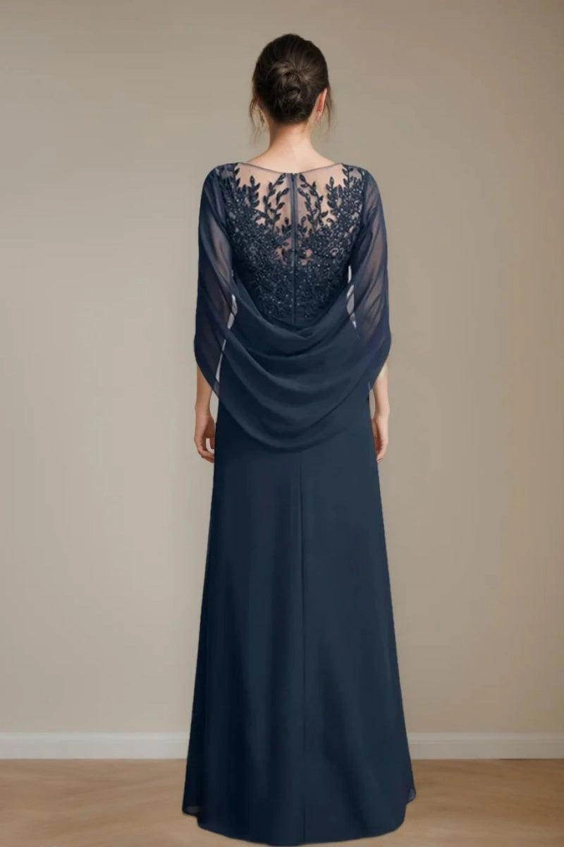 Modest A-Line Bateau Cape Sleeve Zip Back Floor Length Mother Of The Bride Dress
