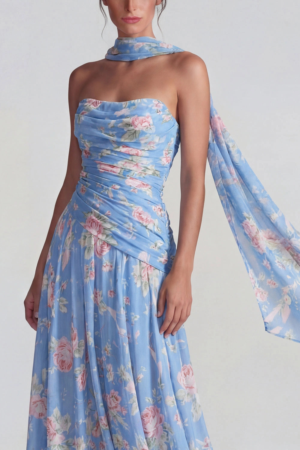 Floral A-line Strapless Sleeveless Open Back Maxi Wedding Guest Dress