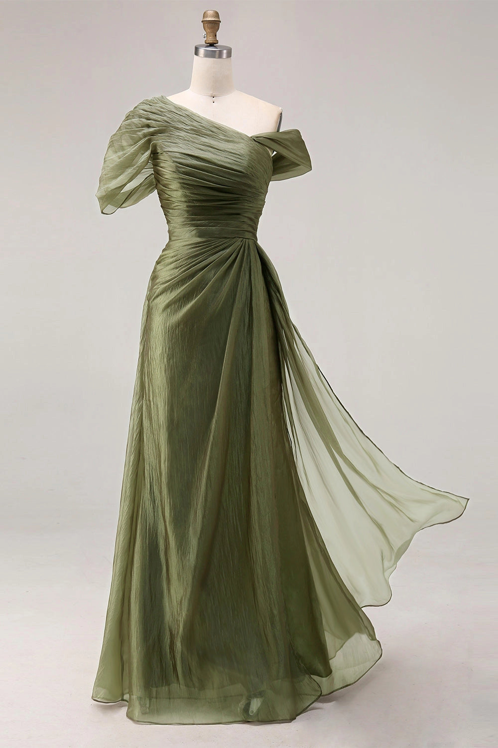 Flowy A-Line One Shoulder Off Shoulder Ruched Back Zip Maxi Wedding Guest Dress