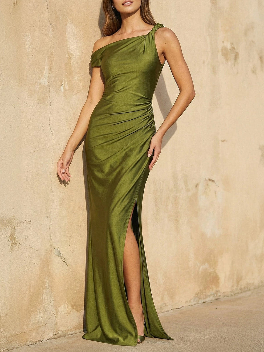 Olive Green Mermaid One‑Shoulder Zip Back Slit Long Bridesmaid Dress