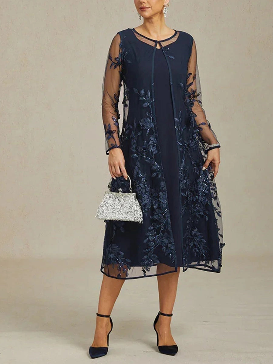 Classic Two‑Piece Round Neck Long Sleeve Midi Mother Of The Bride Dress