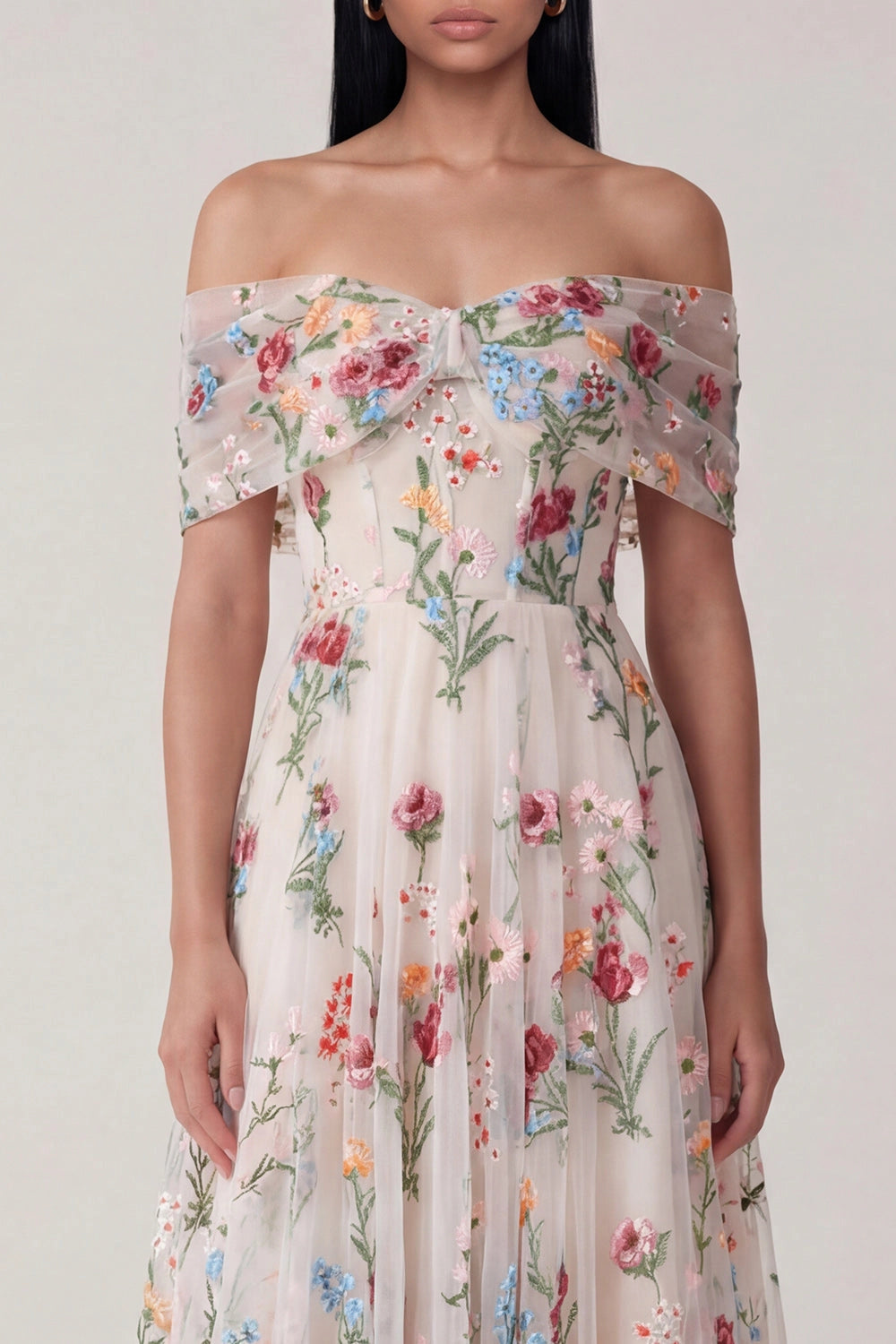 Off Shoulder Colorful Floral Embroidered Tulle Midi Wedding Guest Dress
