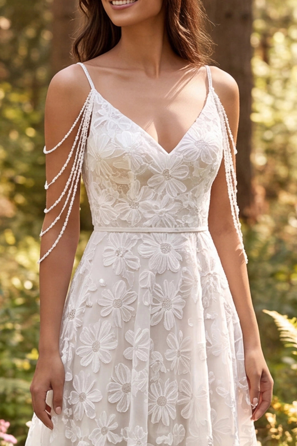 Romantic A-line Deep V Strap Beaded Fringe V Back Train Wedding Dress