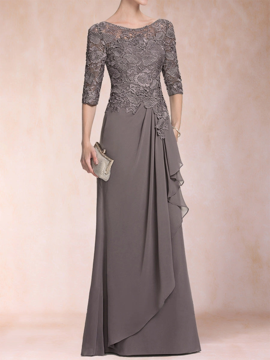 Elegant A Line Bateau Neck 3/4 Sleeve Zipper Back Floor Length Mother Of The Bride Dress