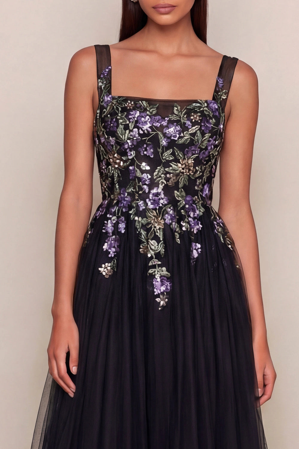 Square Neck Black Tulle Midi Dress Purple Floral Embroidery Spaghetti Straps Evening Guest Dress